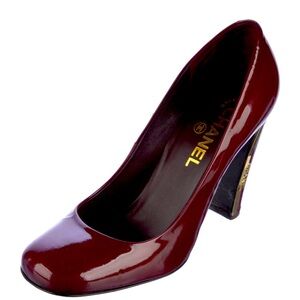 Chanel Pumps Burgundy Wine Patent Leather Logo High Heels Shoes Square Toe 38 8